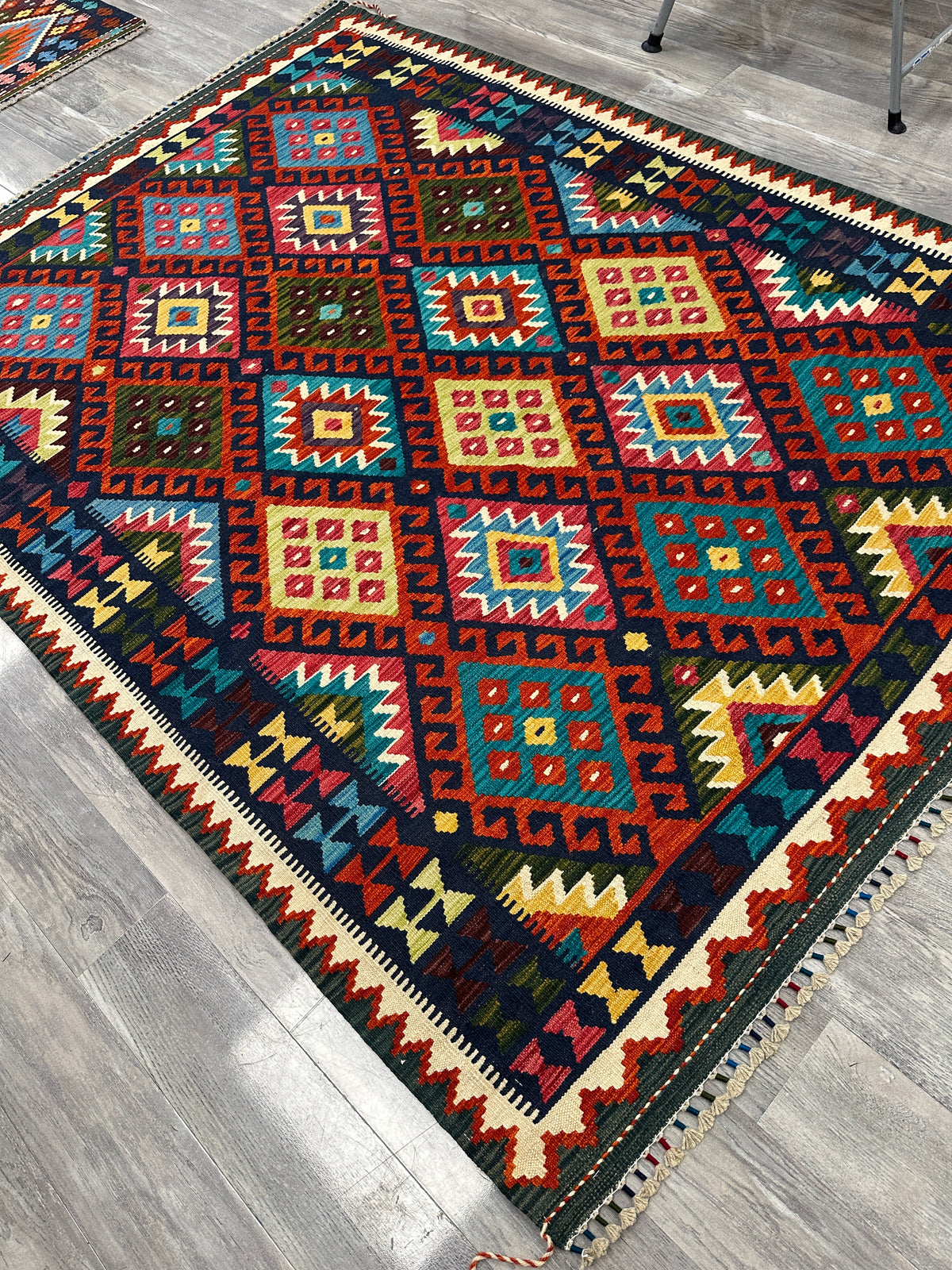 Afghan Kilim Rug 6x8, Rust, Navy & Teal, Hand-Woven Wool Flatweave, view 4