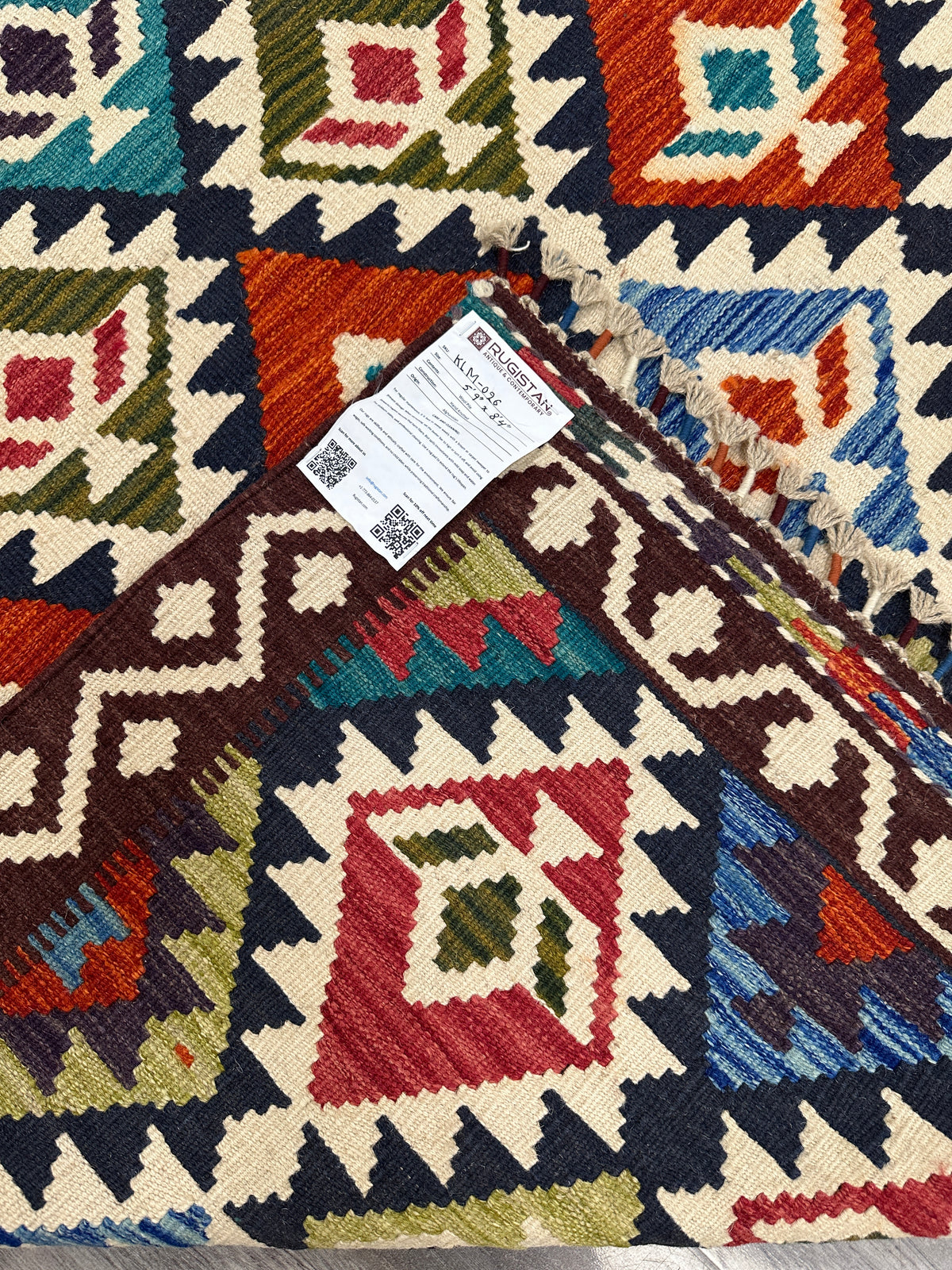 Afghan Kilim Rug 6x8, Navy, Ivory & Rust, Diamond Lattice Wool Flatweave, view 5