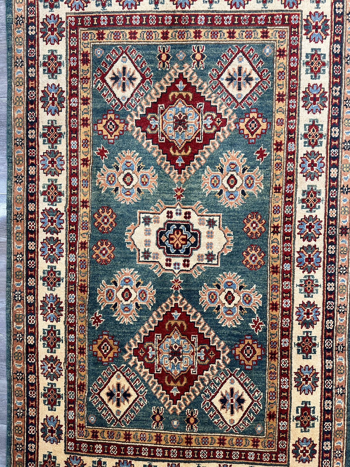 Afghan Kazak Rug 3'10" x 6'4", Hand-Knotted Wool, Teal, Red & Ivory, view 5