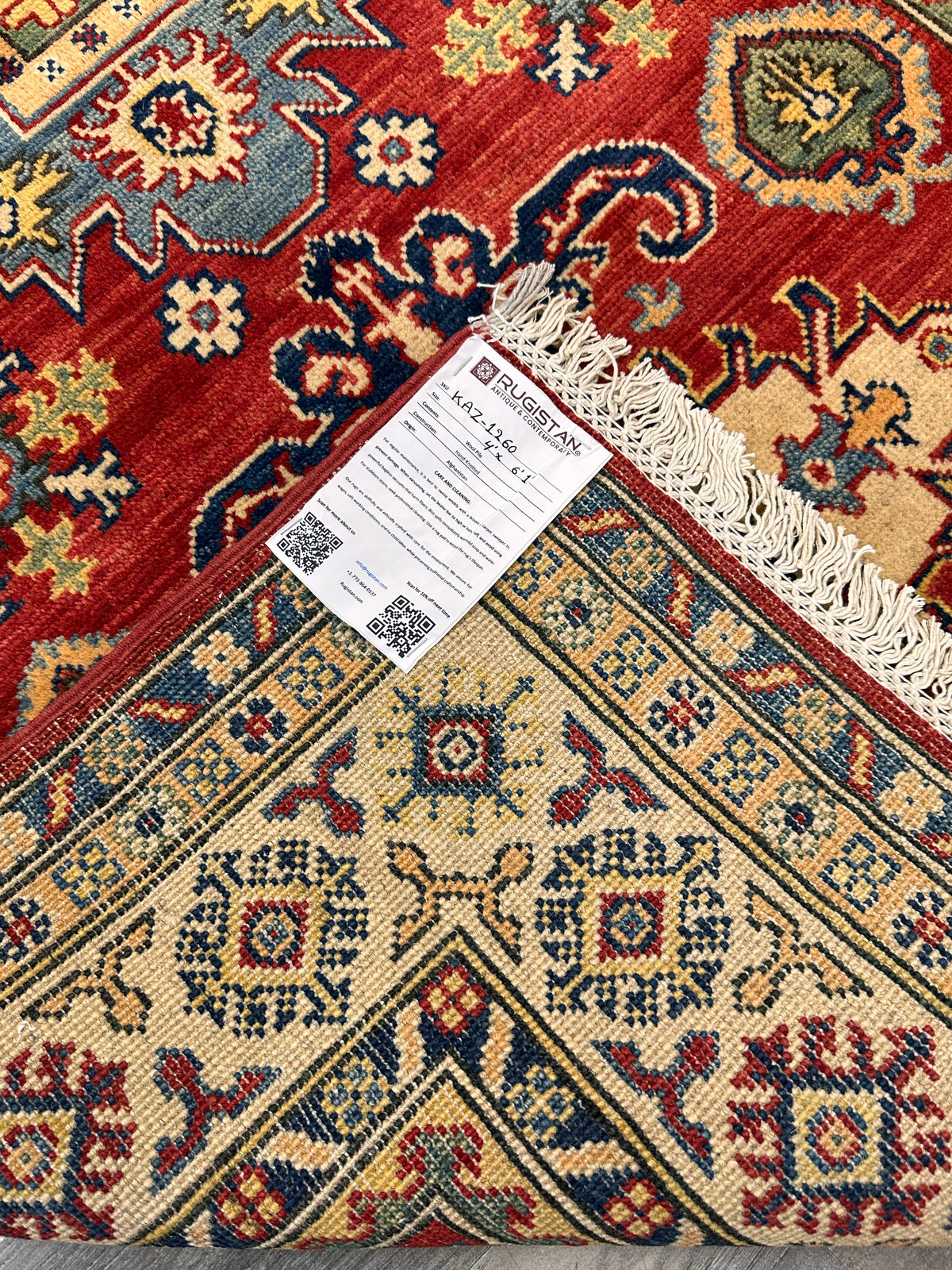 Afghan Kazak Rug 4'1" x 5'10", Hand-Knotted Wool, Red, Navy & Ivory, view 6