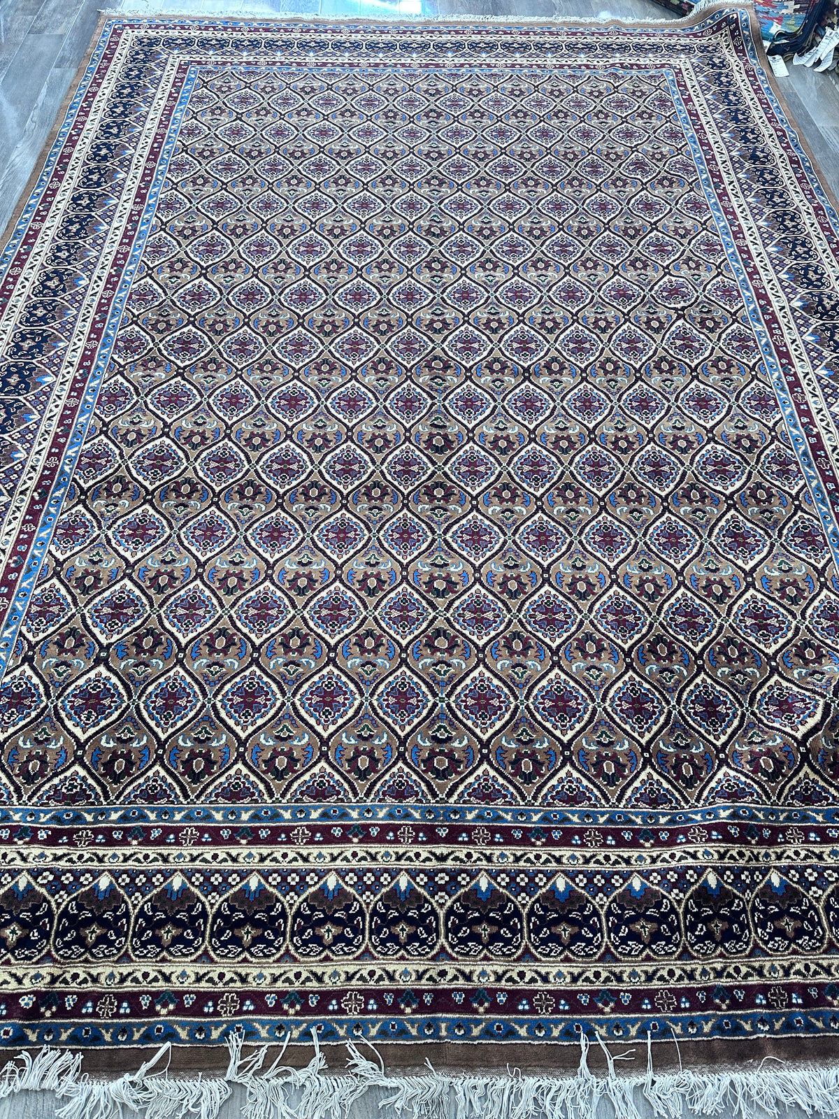 Afghan Rug 8x11, Ivory, Purple & Navy, Hand-Knotted Wool