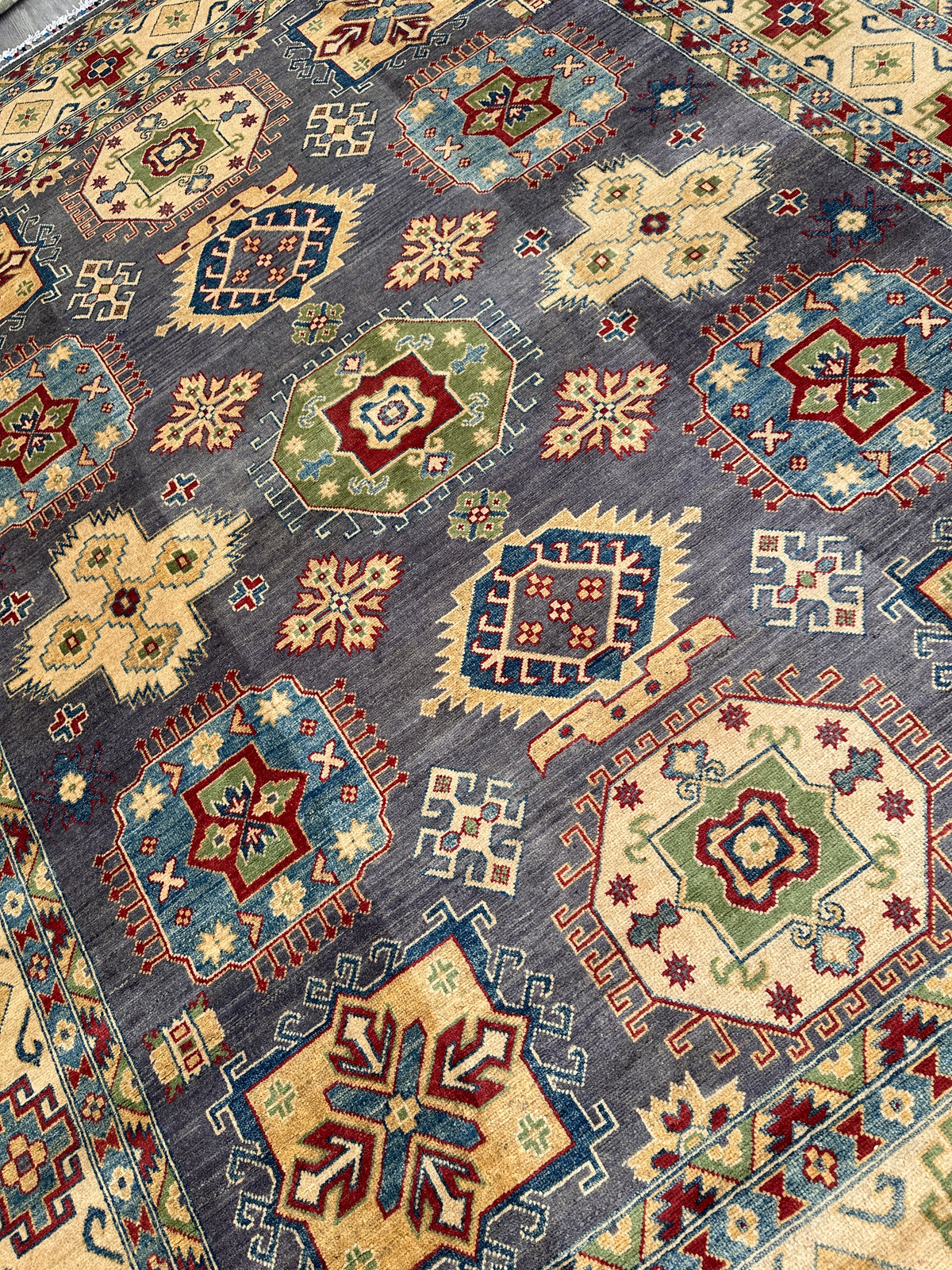 Afghan Kazak Rug 8x10, Gray, Gold & Light Blue, Hand-Knotted Wool, view 5