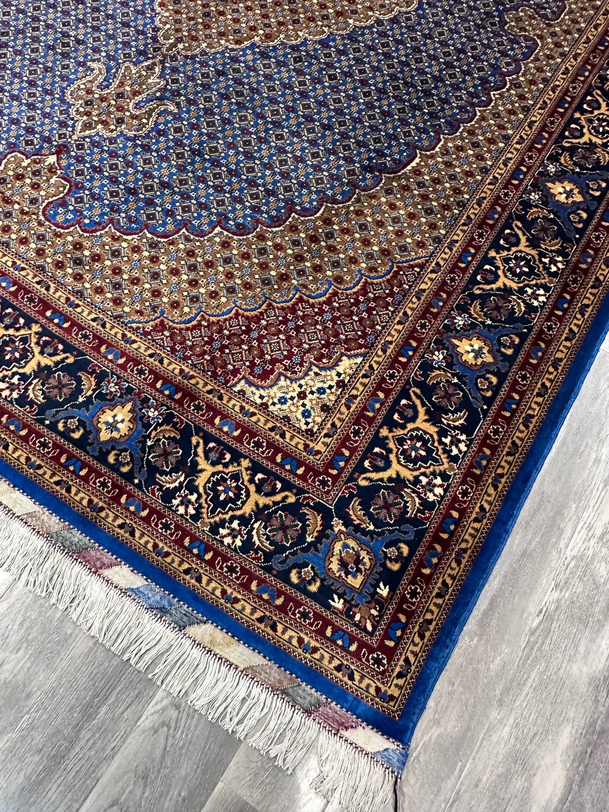 Afghan Tabriz Rug 8x11, Light Blue, Navy & Gold, Hand-Knotted Wool, view 6