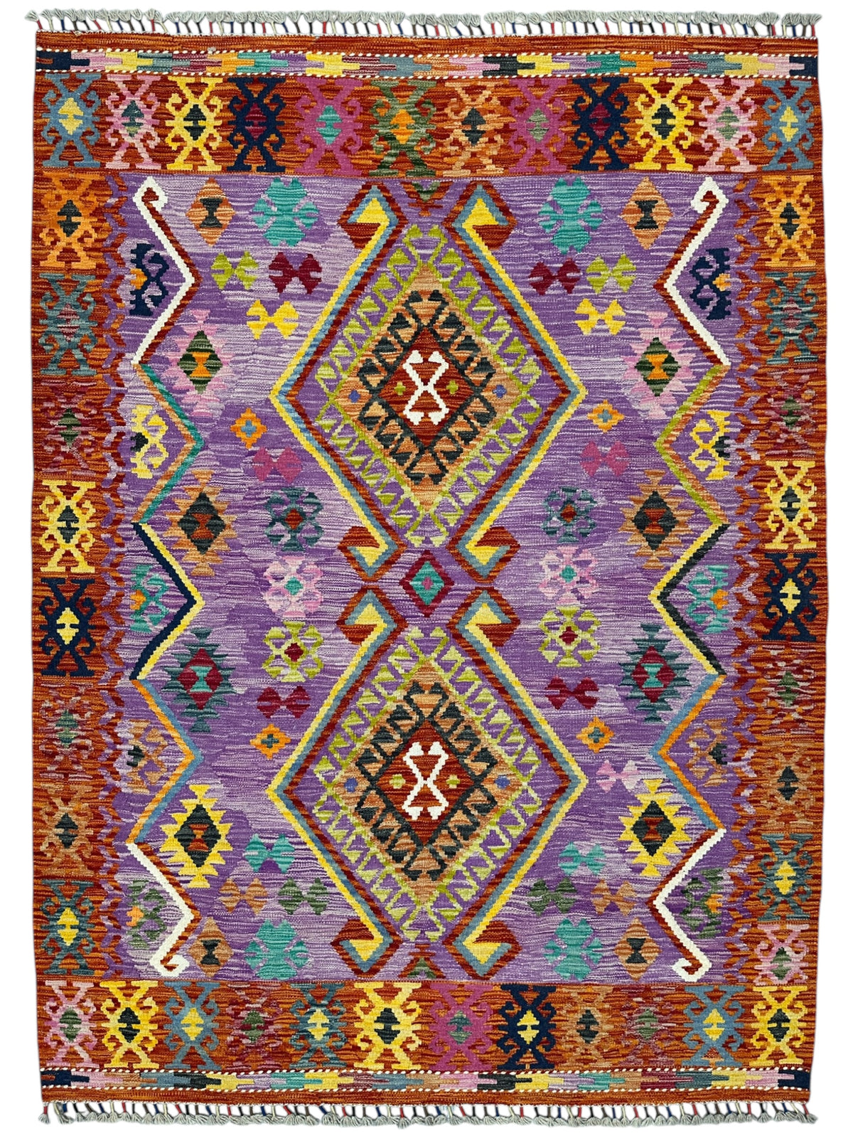 Afghan Kilim Rug 6x7, Purple, Rust & Orange, Hand-Woven Wool Flatweave