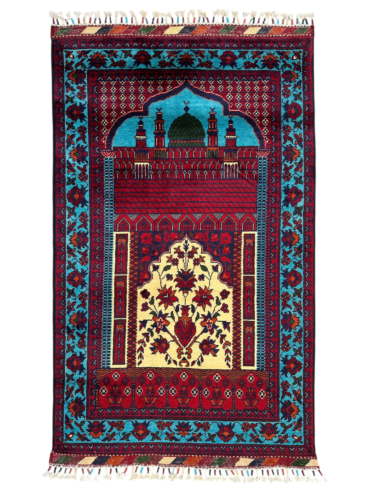 Afghan Prayer Rug 2'9" x 4'3", Hand-Knotted Wool, Red, Blue & Ivory