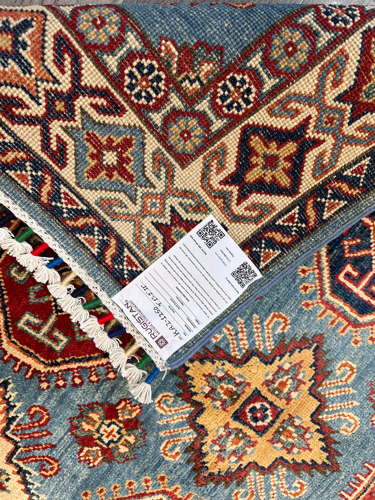 Afghan Kazak Stars Rug 4x6, Light Blue, Ivory & Red, Hand-Knotted Wool, view 6