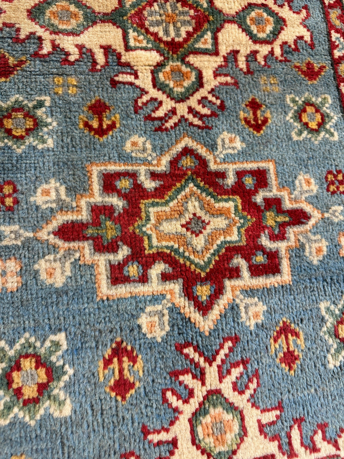 Afghan Super Kazak Runner 2'2" x 6', Hand-Knotted Wool, Beige & Blue, view 6