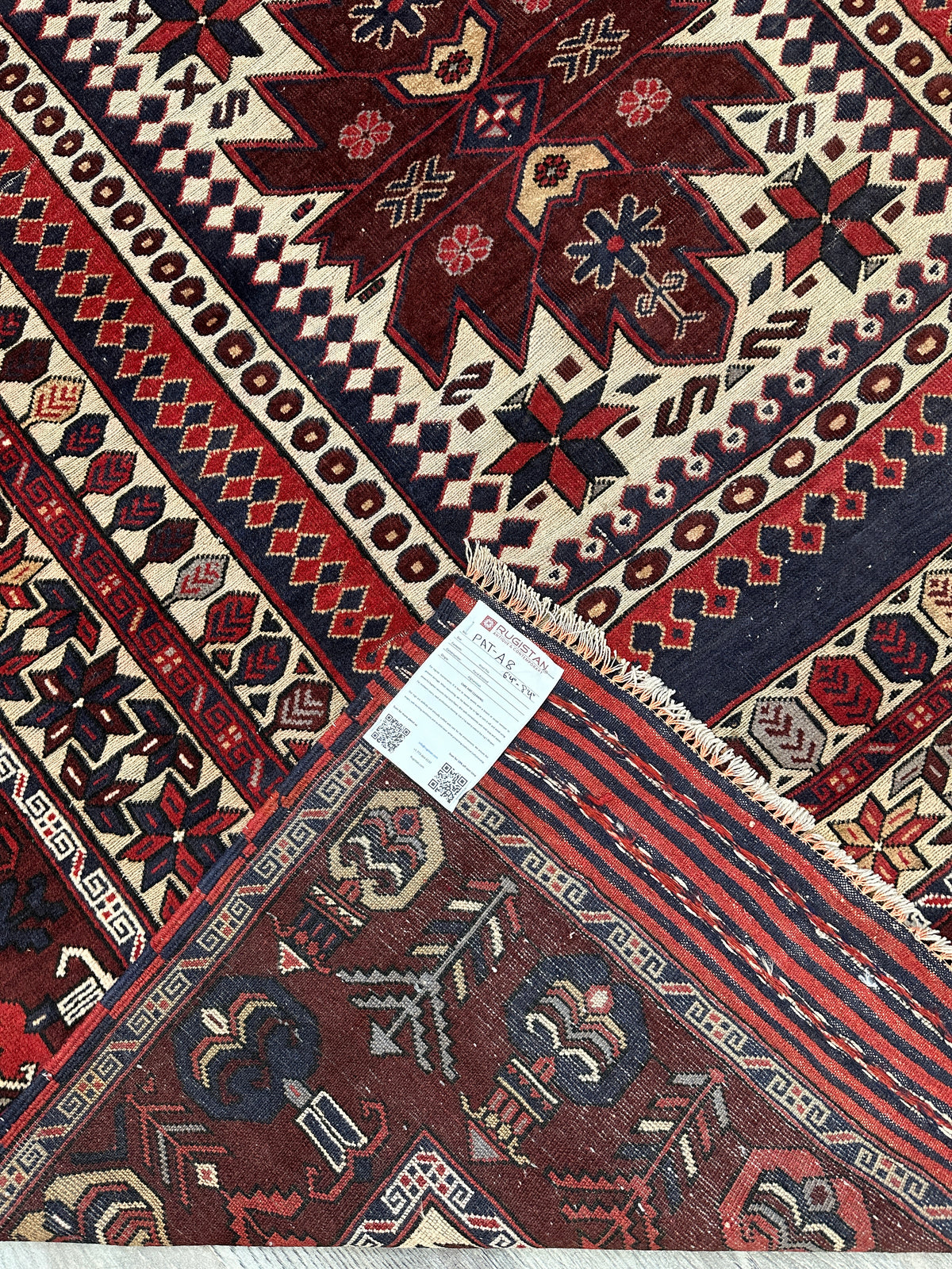 Afghan Baluch Rug 6x9 | Burgundy, Ivory & Navy | Hand-Knotted Wool | View 8