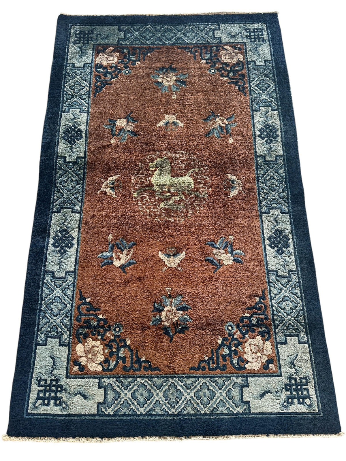 Chinese Rug 3x5, Rust, Navy & Light Blue, Hand-Knotted Silk, view 3