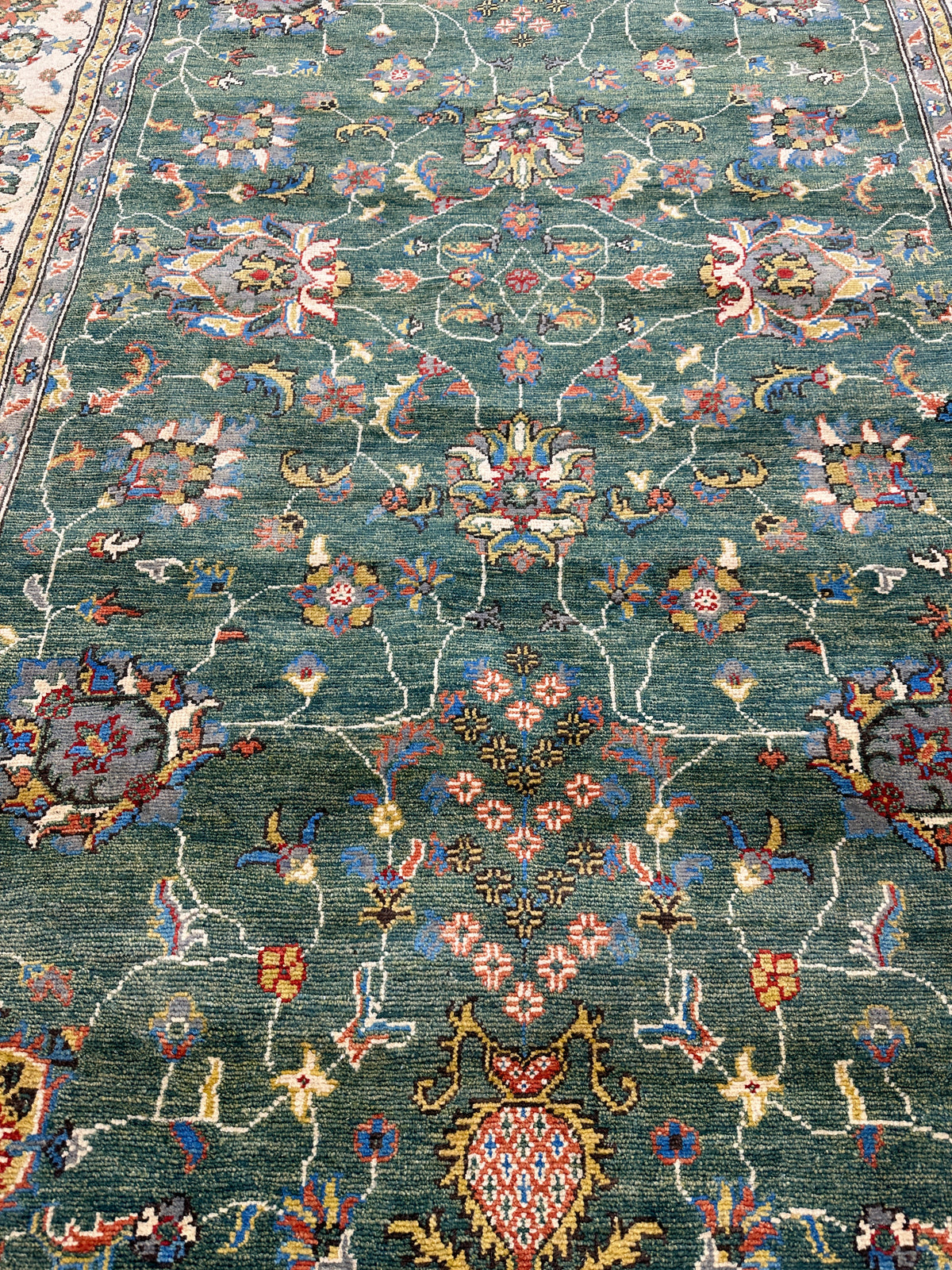 Afghan Kazak Sultani Rug 6'6" x 9'9", Hand-Knotted Wool, Cream & Green, view 6