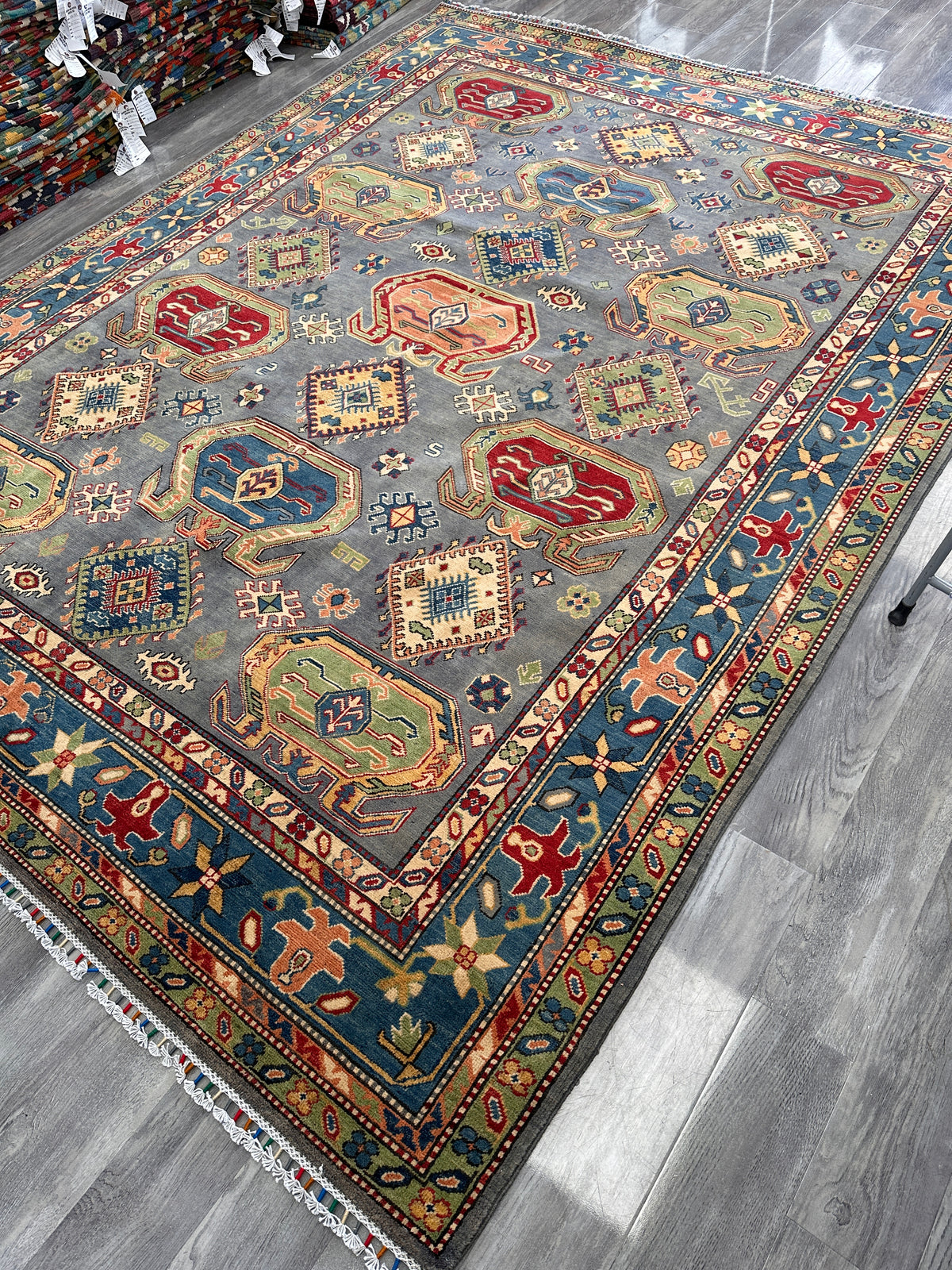 Afghan Kazak Rug 8'3" x 10'8", Hand-Knotted Wool, Navy, Red & Green, view 4