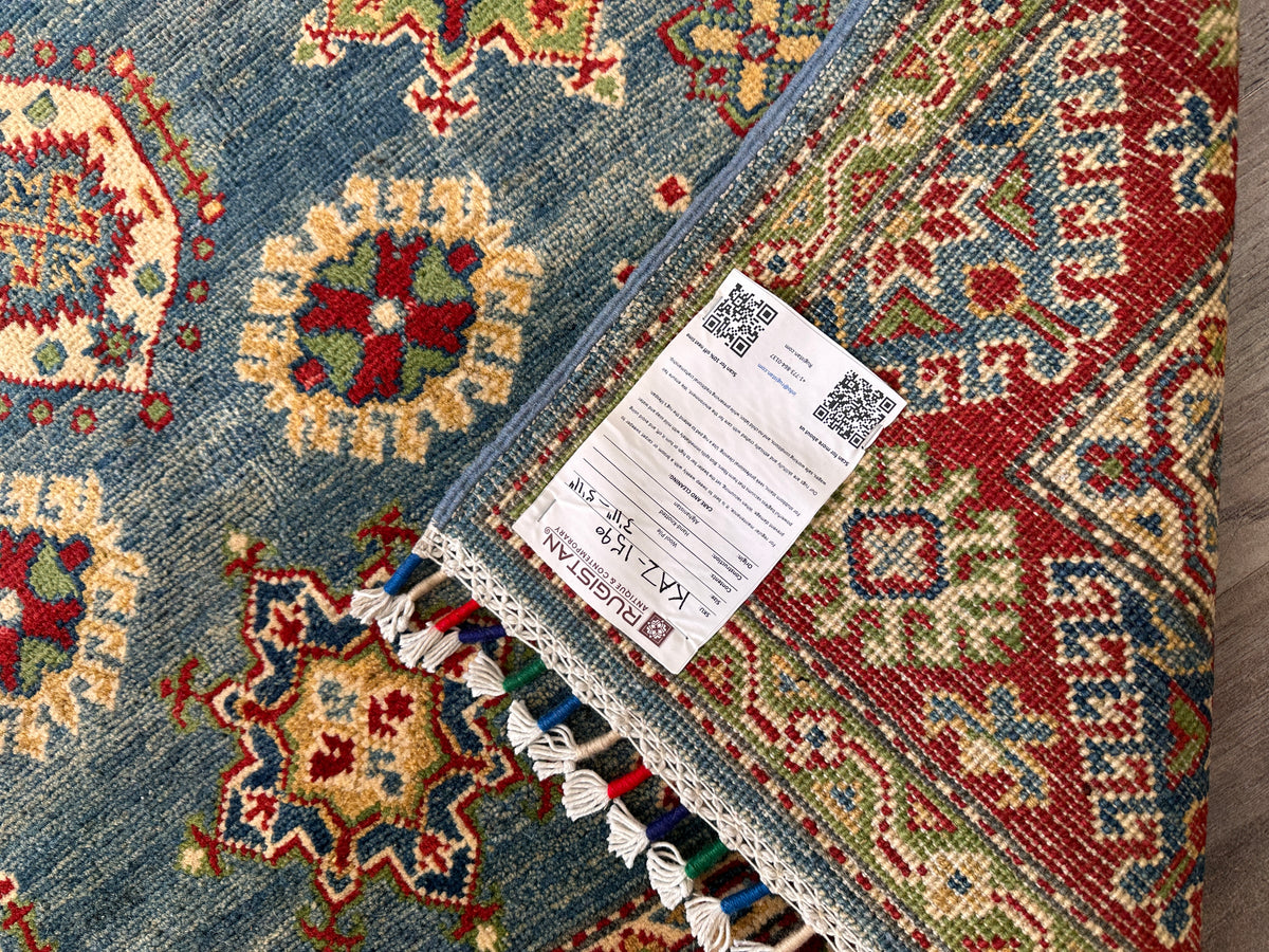 Afghan Kazak Rug 3'11" x 5'11", Hand-Knotted Wool, Blue, Red & Cream, view 6