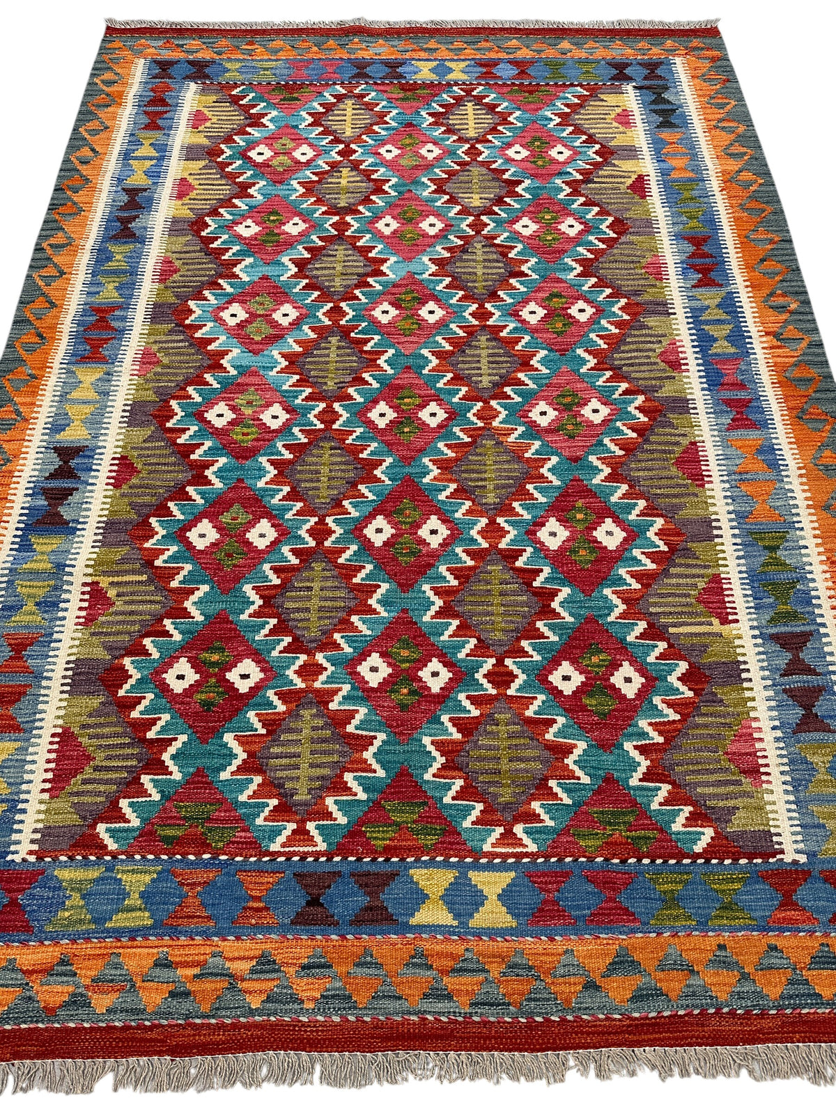 Afghan Kilim Rug 6x8, Red, Teal & Orange, Hand-Woven Wool Flatweave, view 3