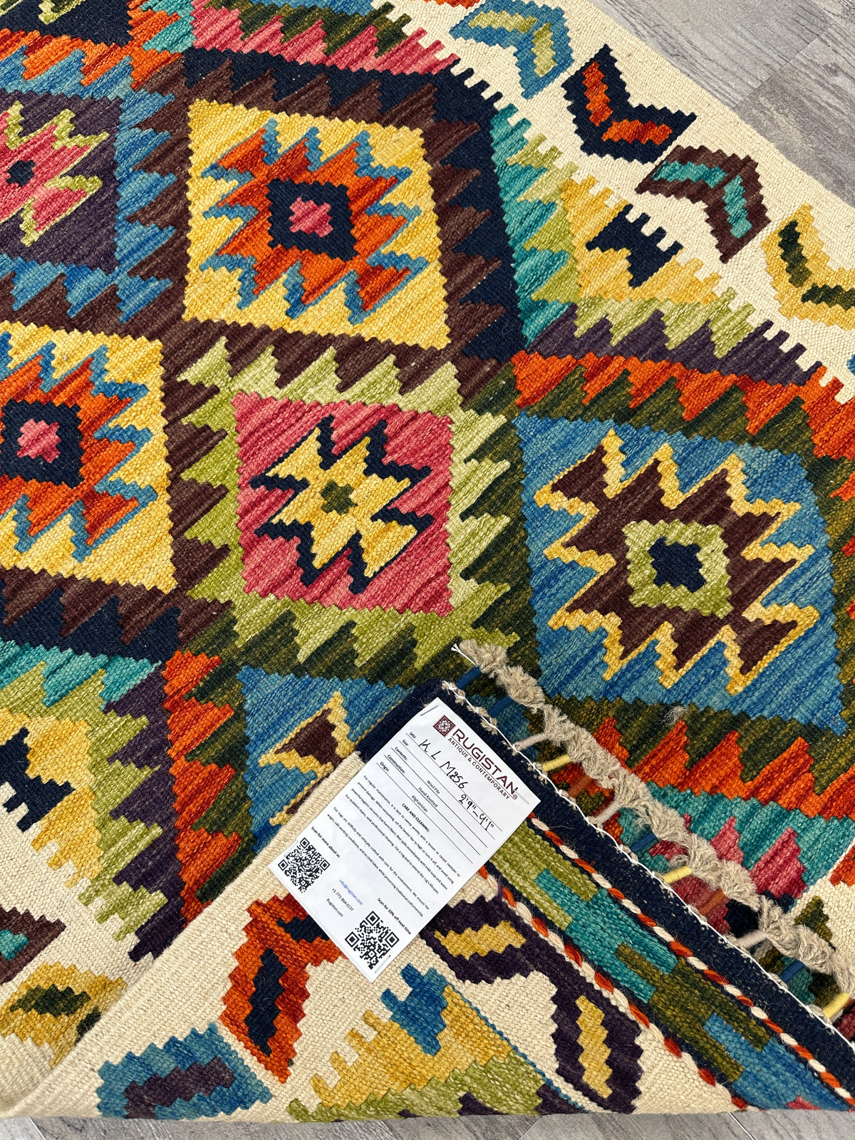 Afghan Kilim Rug 3x4, Ivory, Navy & Teal, Hand-Woven Wool Flatweave, view 4