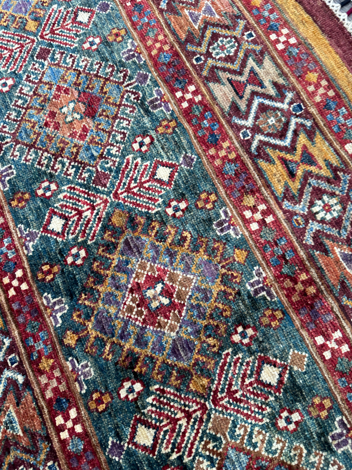 Afghan Khorjin Rug 4'11" x 6'10", Hand-Knotted Wool, Red, Blue & Green, view 6