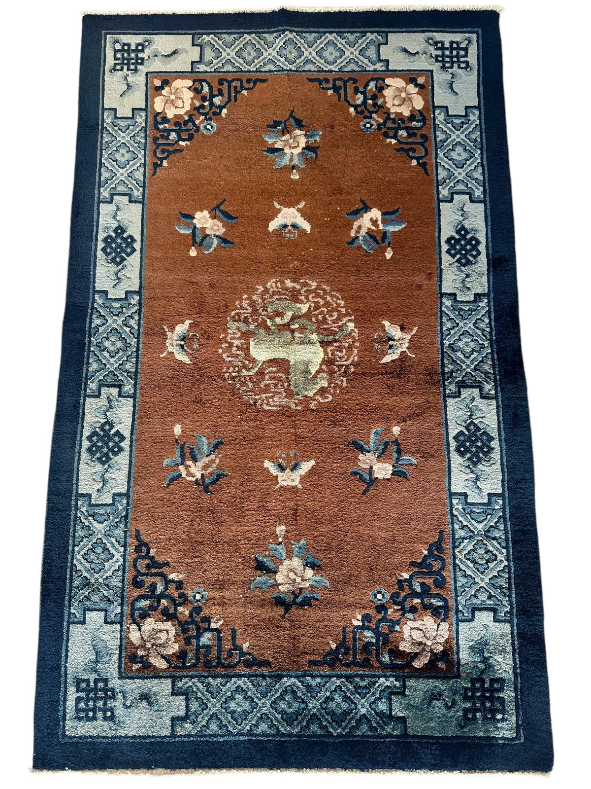Chinese Rug 3x5, Rust, Navy & Light Blue, Hand-Knotted Silk, view 2