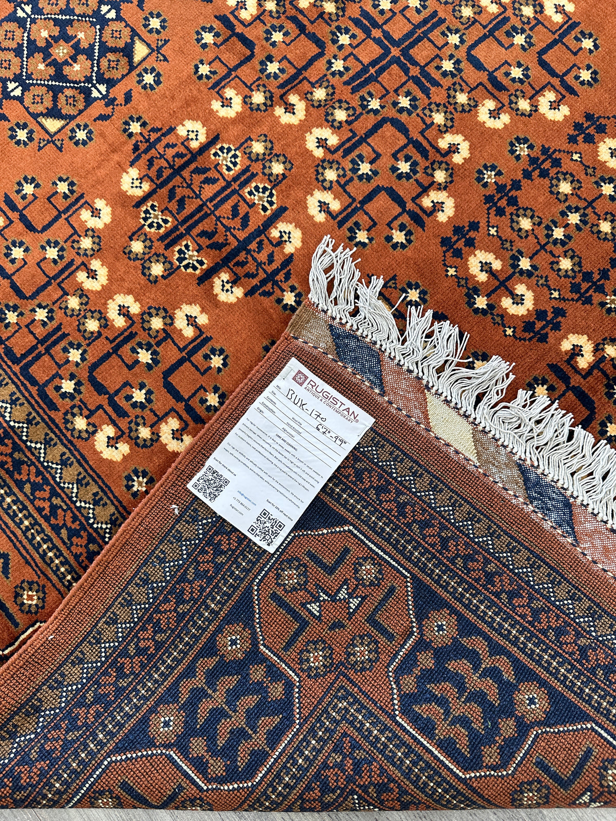 Afghan Turkmen Rug 7x10, Orange, Navy & Ivory, Hand-Knotted Wool, view 9