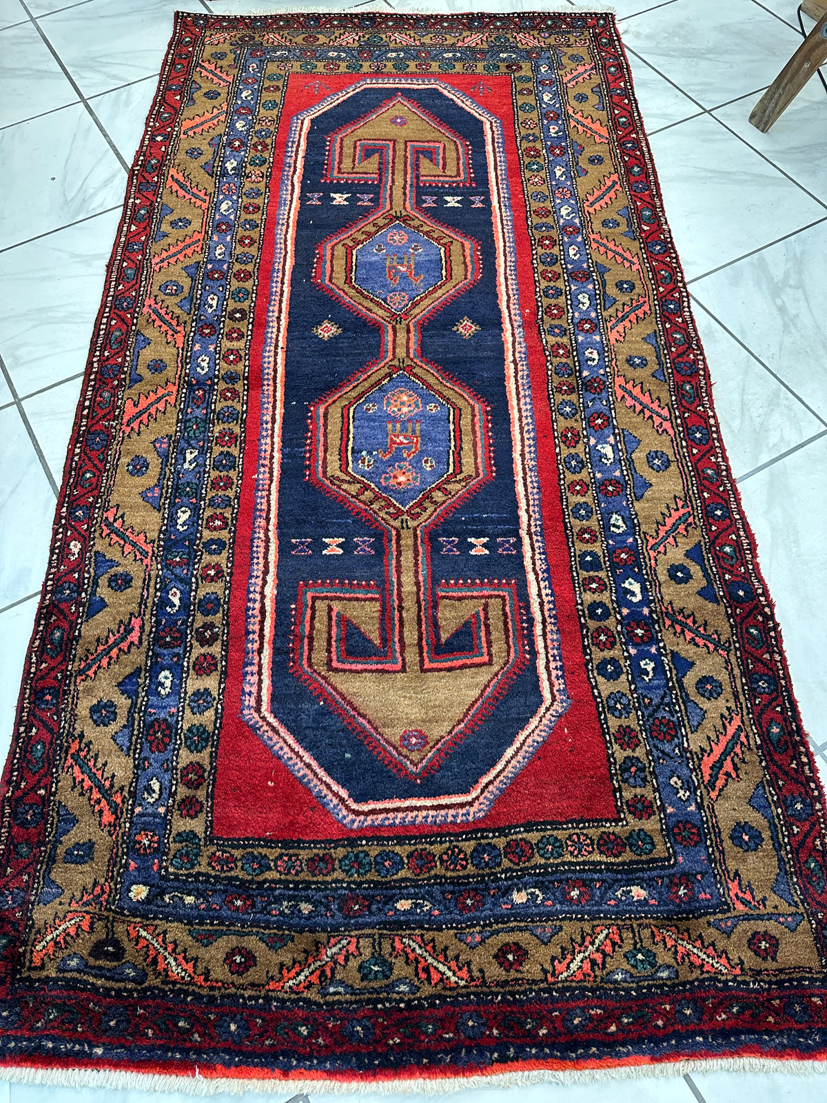 Persian Rug 5x10 size range tribal Red Navy laid flat