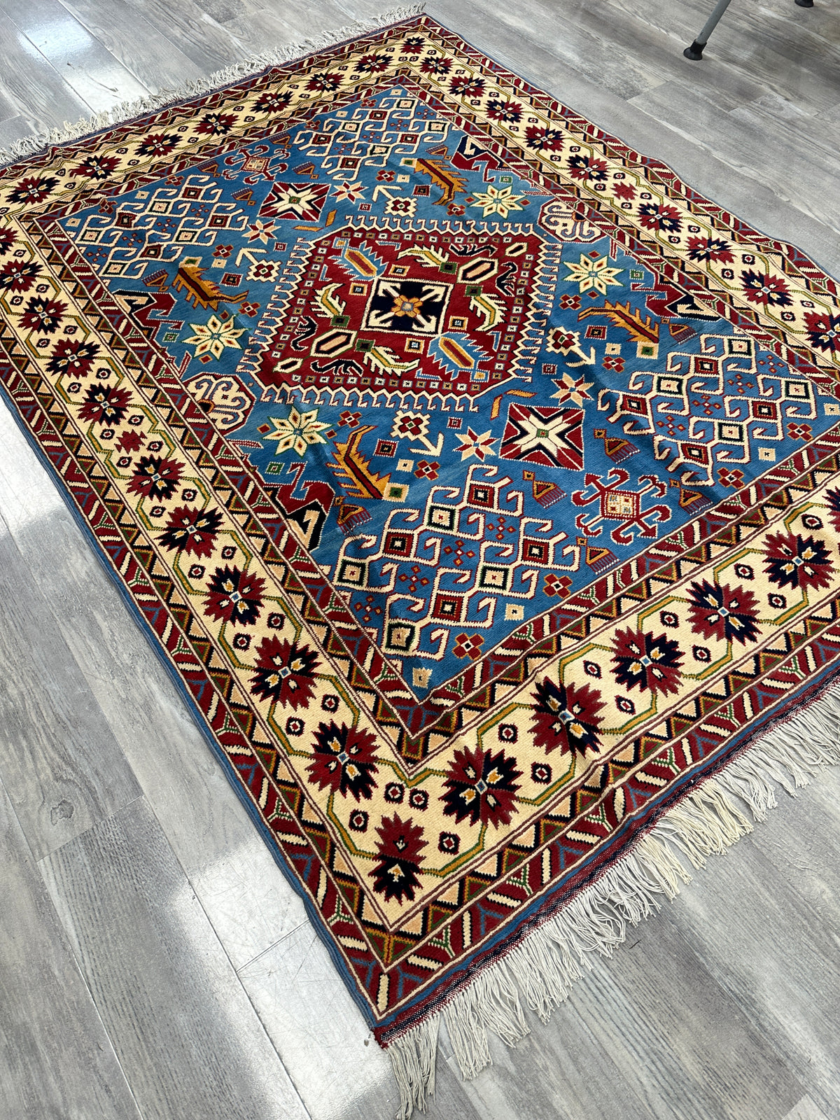 Afghan Kazak Rug 5' x 6'8", Hand-Knotted Wool, Blue & Cream, view 4