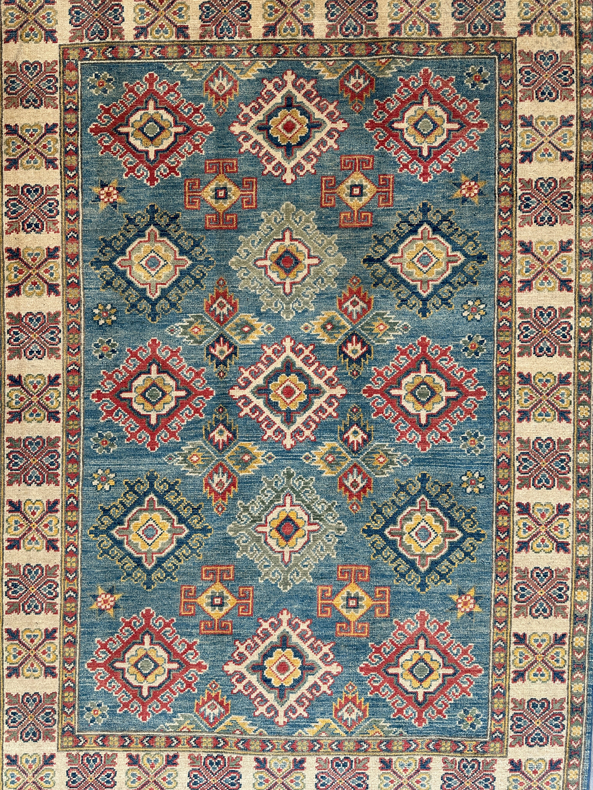 Afghan Kazak Stars Rug 4x6, Teal, Ivory & Red, Hand-Knotted Wool, view 4