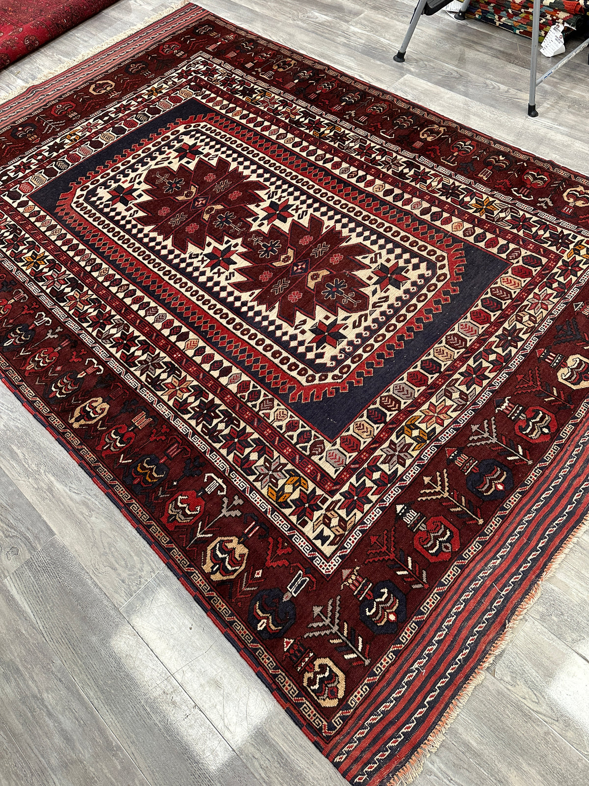Afghan Baluch Rug 6x9 | Burgundy, Ivory & Navy | Hand-Knotted Wool | View 6