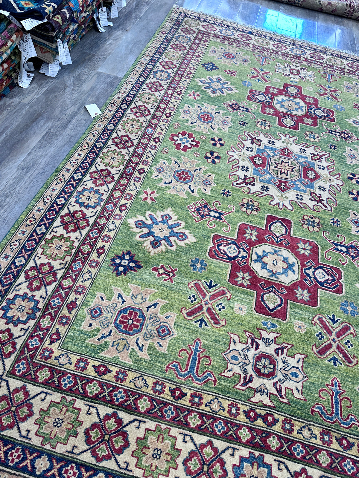 Afghan Kazak Rug 6'7" x 9'9", Hand-Knotted Wool, Cream & Green, view 6