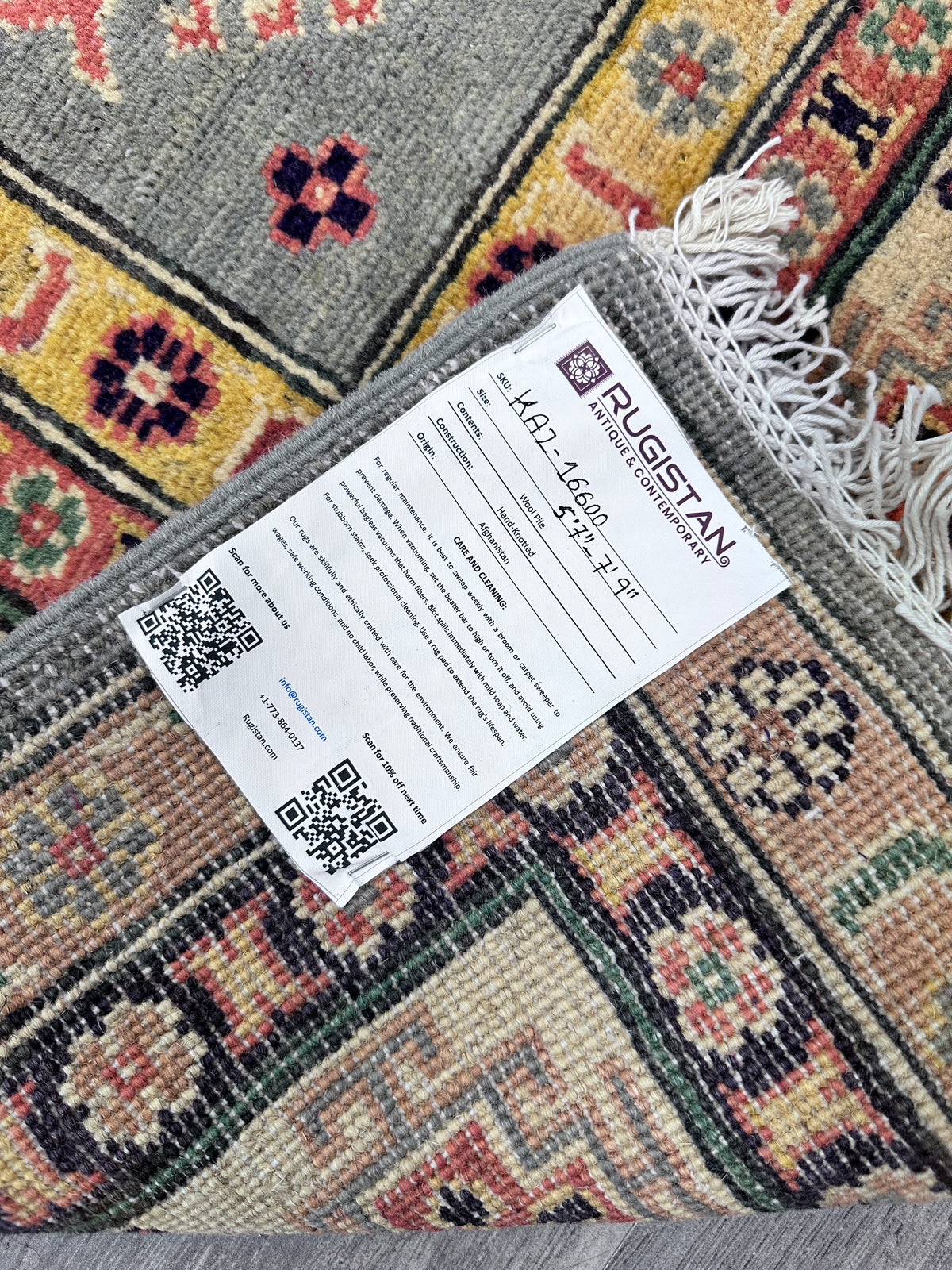 Hand-Knotted Afghani Kazak Wool Rug – 5’7″ x 7’9″, view 6