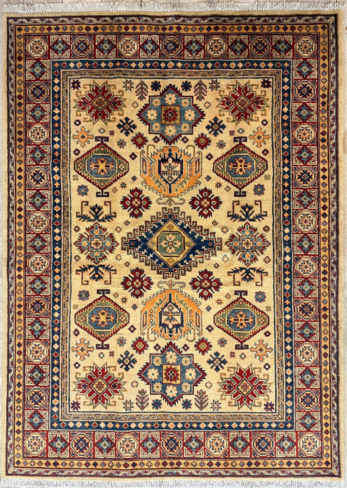 Afghan Super Kazak Rug 4'11" x 6'11", Hand-Knotted Wool, Red & Beige, view 2