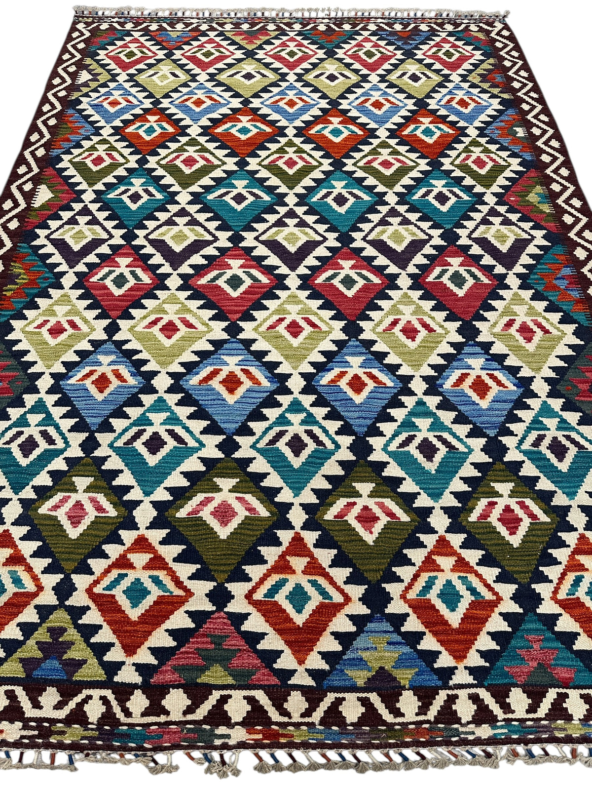 Afghan Kilim Rug 6x8, Navy, Ivory & Rust, Diamond Lattice Wool Flatweave, view 3