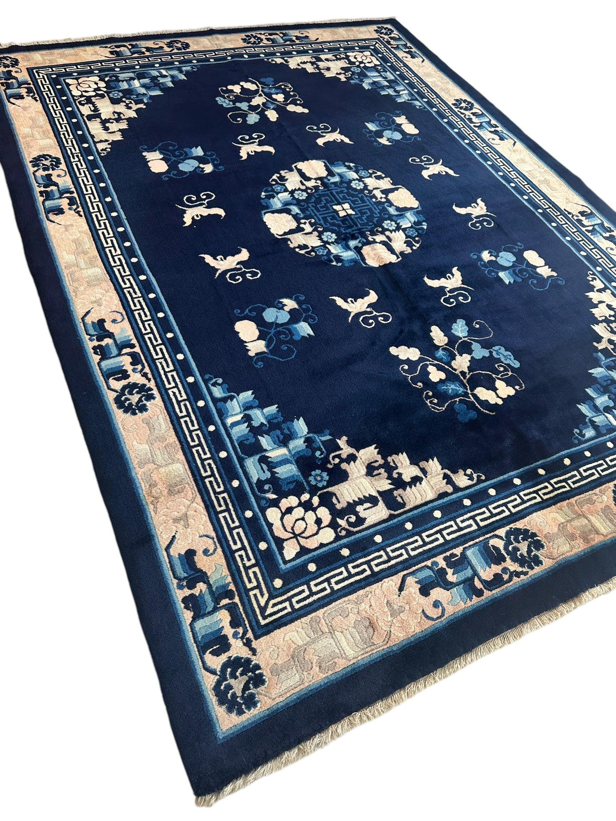 Antique Chinese Rug 5'6" x 7'6", Hand-Knotted Wool, Navy & Cream, view 4