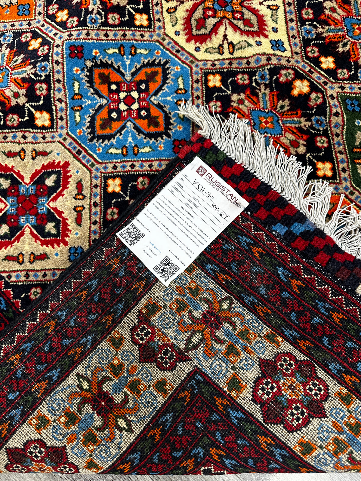 Afghan Kashi Rug 4'9" x 6'7", Hand-Knotted Wool, Blue, Cream & Red, view 5