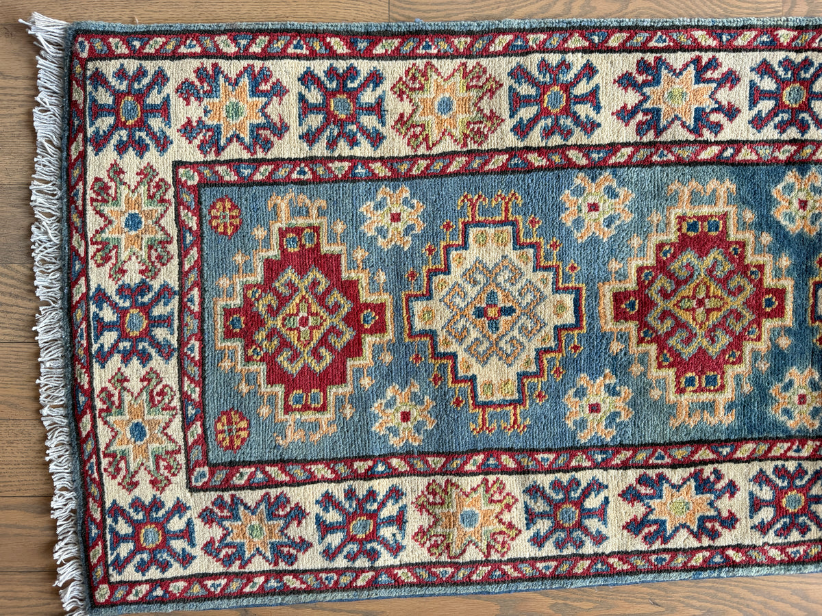 Afghan Kazak Runner 2x6 | Blue, Ivory & Red | Hand-Knotted Wool