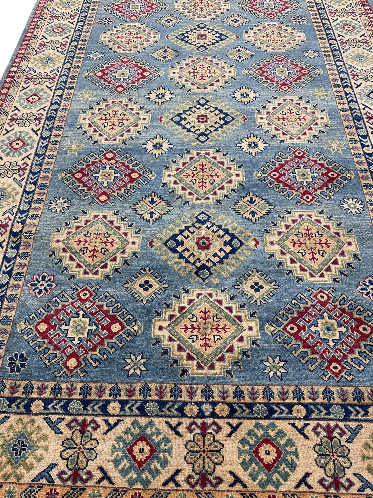 Afghan Kazak Rug 7x10, Light Blue, Ivory & Red, Hand-Knotted Wool, view 4