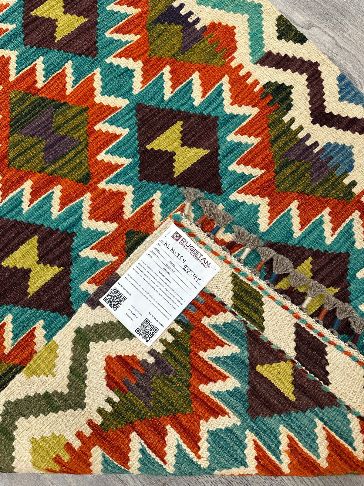 Afghan Kilim Rug 3x4, Rust, Teal & Ivory, Diamond Lattice Wool Flatweave, view 4