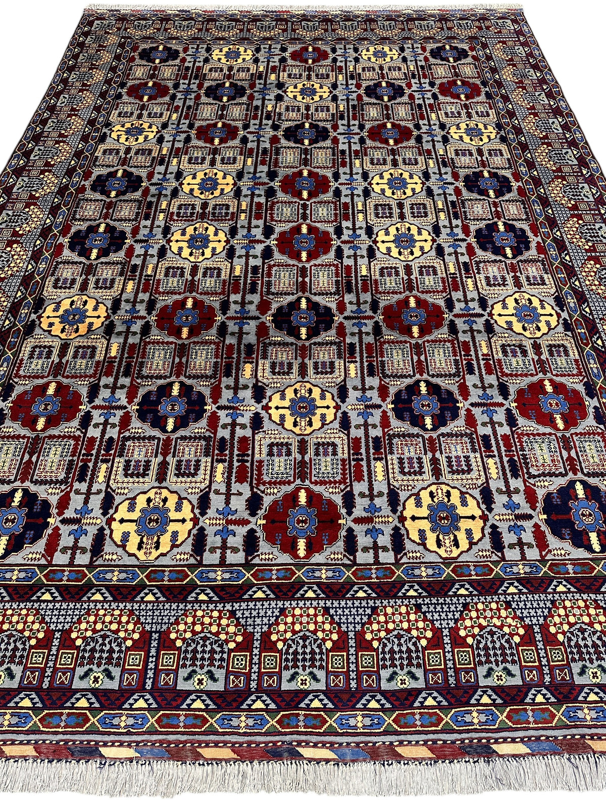 Afghan Gandom Rug 8'2" x 11'6", Hand-Knotted Wool, Red, Beige & Navy, view 3