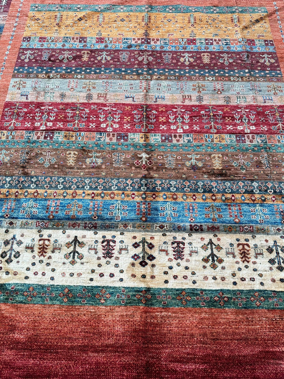 Afghan Khorjin Rug 7' x 9'10", Hand-Knotted Wool, Blue, Gold & Red, view 4