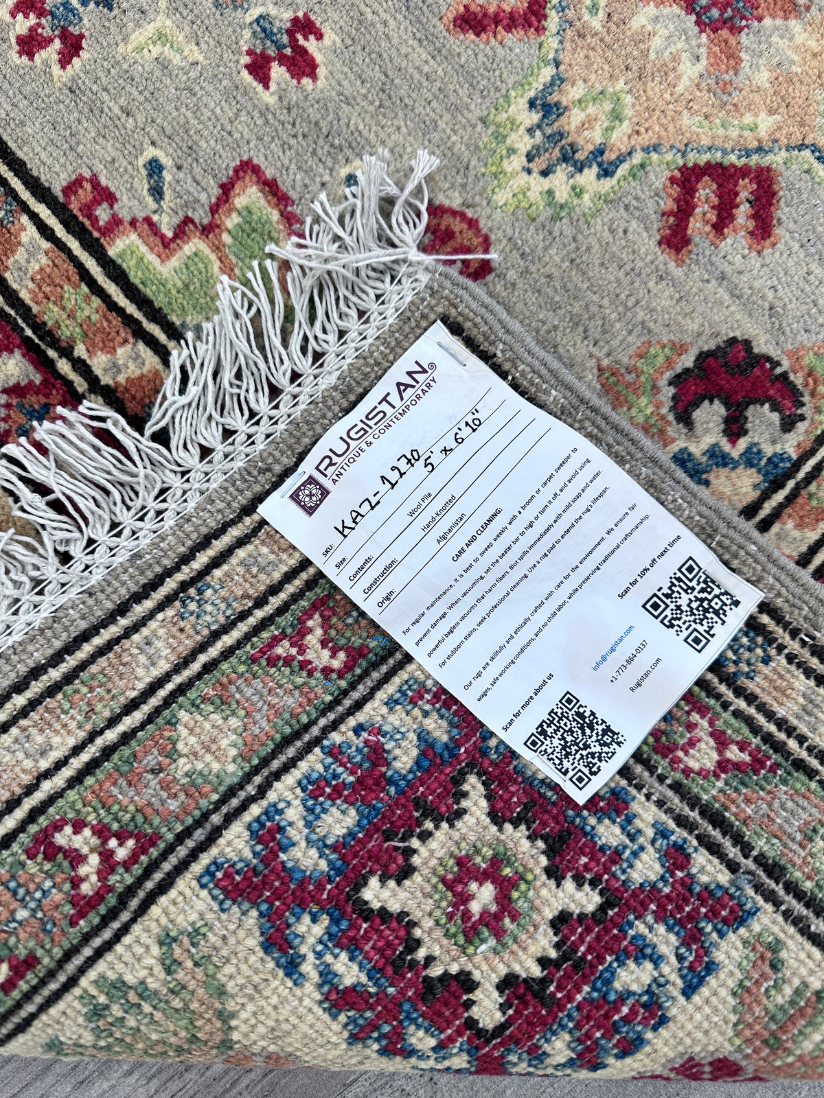 Afghan Kazak Rug 5x7, Gray, Ivory & Burgundy, Hand-Knotted Wool, view 6