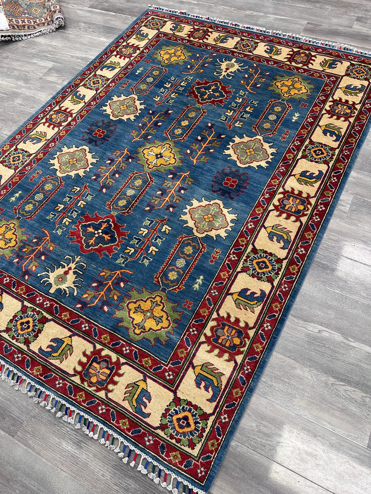 Afghan Kazak Rug 5'6" x 7'7", Hand-Knotted Wool, Blue, Red & Beige, view 4