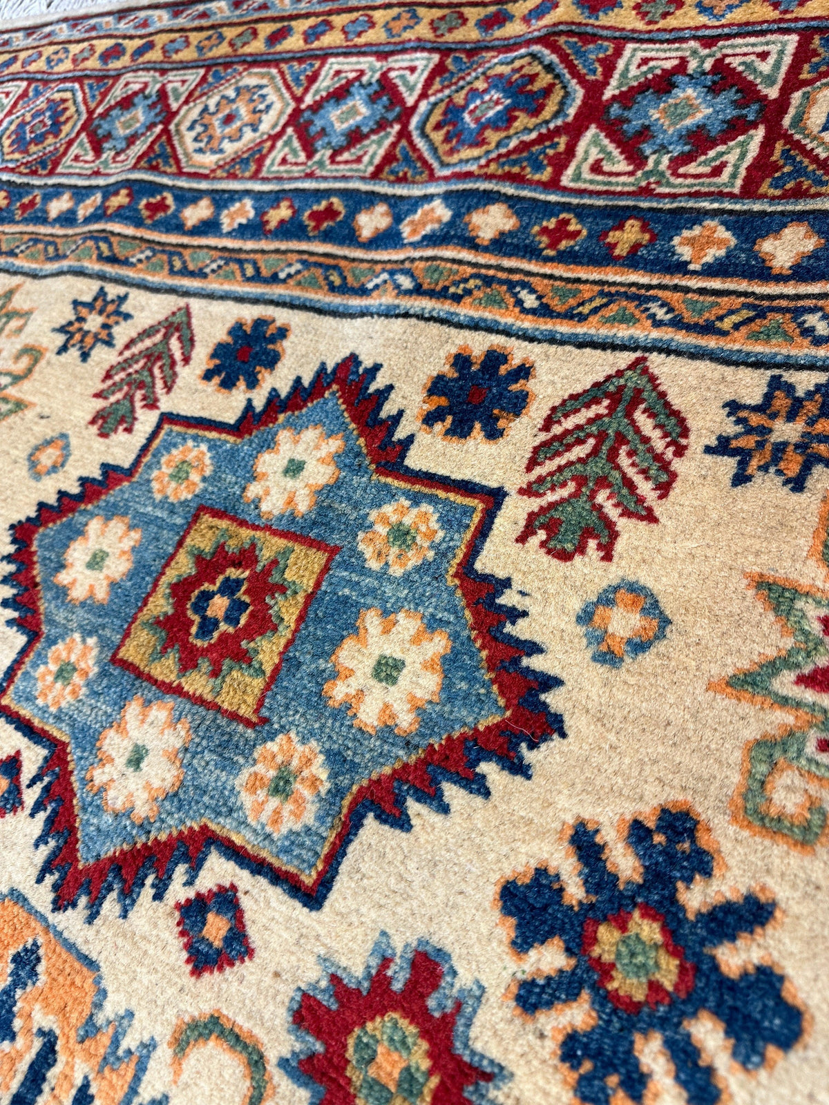 Afghan Super Kazak Rug 4'11" x 6'11", Hand-Knotted Wool, Red & Beige, view 3