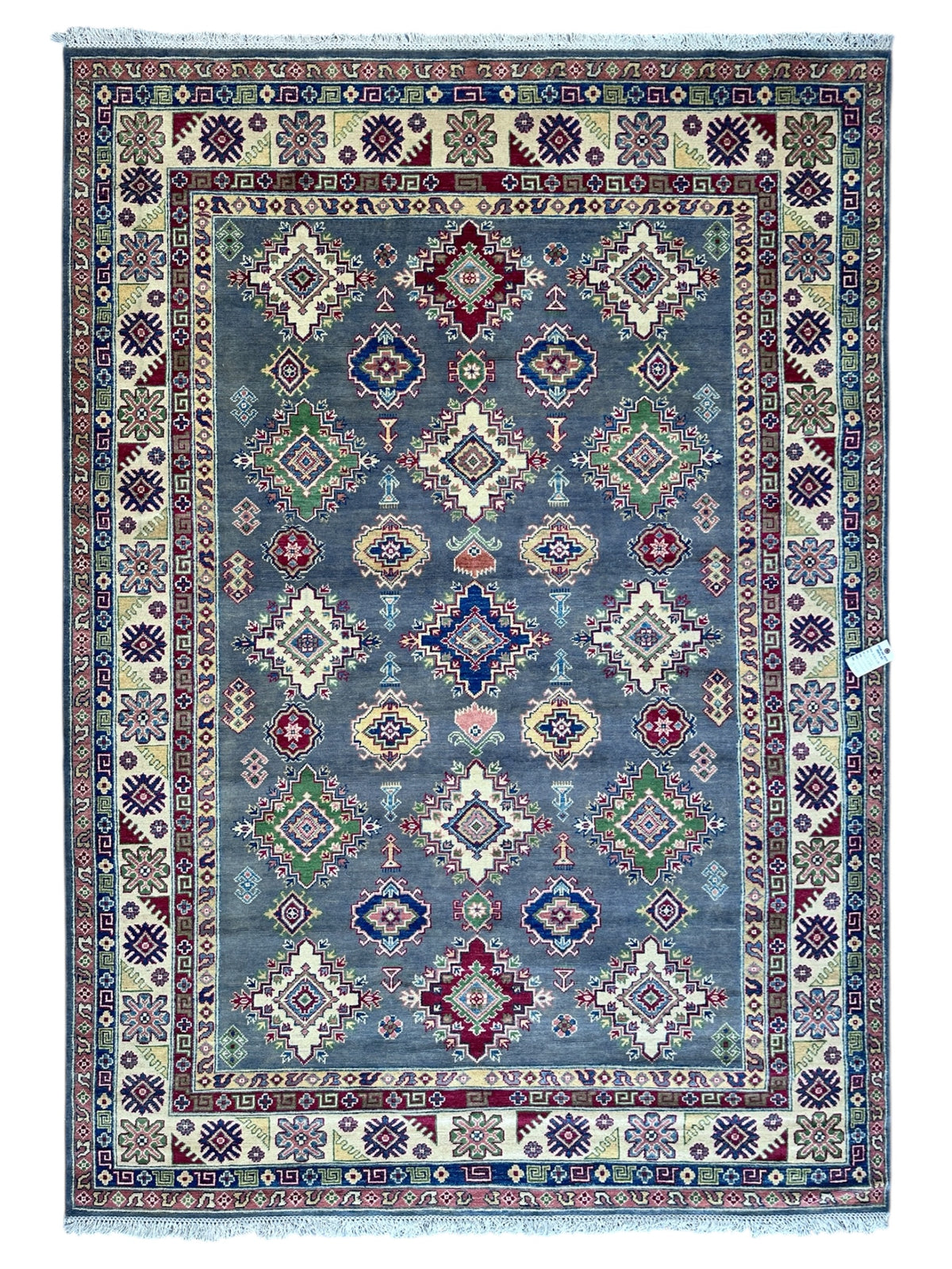 Afghan Kazak Rug 6'7" x 9'9", Hand-Knotted Wool, Gray, Blue & Red