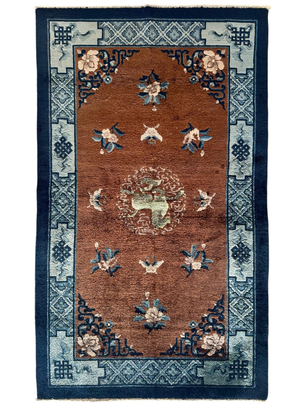 Chinese Rug 3x5, Rust, Navy & Light Blue, Hand-Knotted Silk