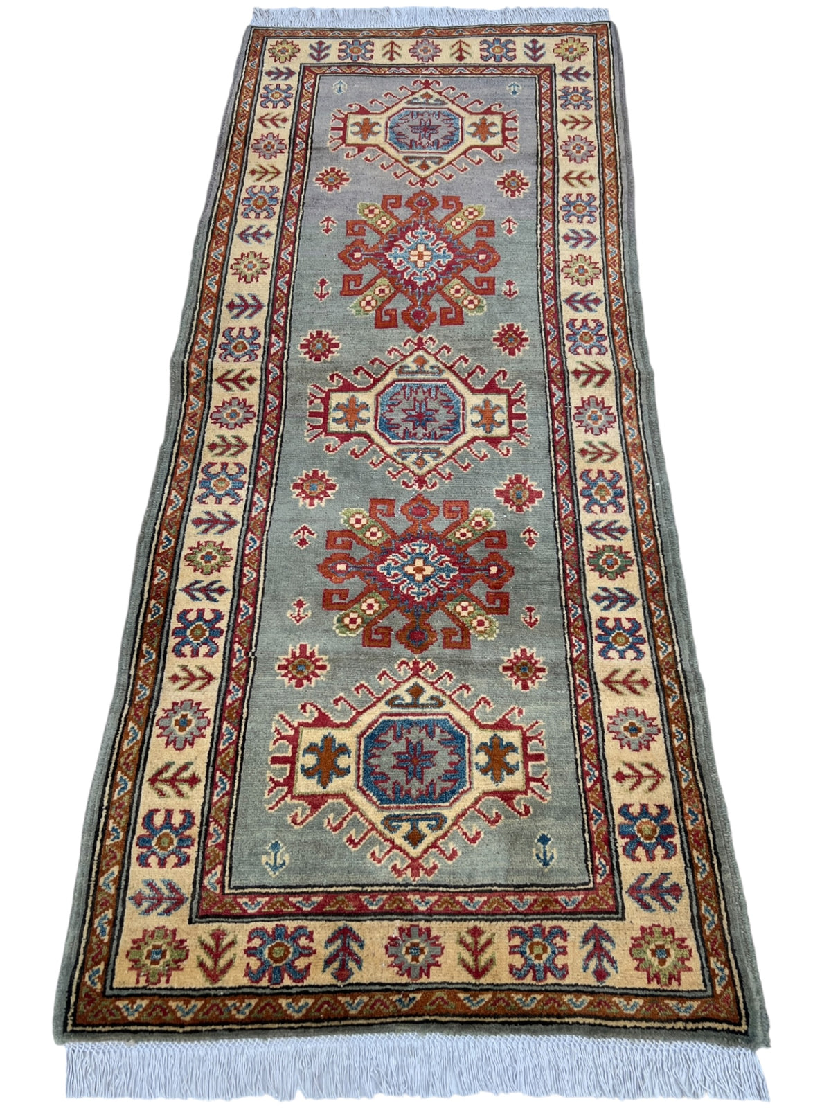 Kazak Runner 3x7 | Gray, Red & Ivory | hand-knotted wool | full view, end