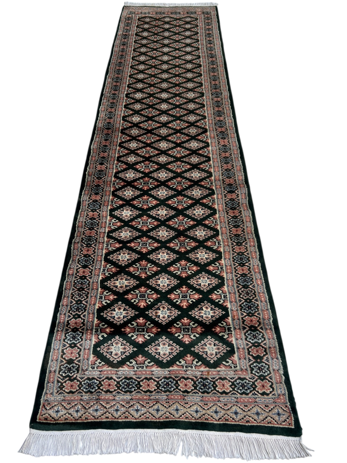 Baluch Runner 3x10 | Black, Ivory & Rose | hand-knotted wool | full view, end
