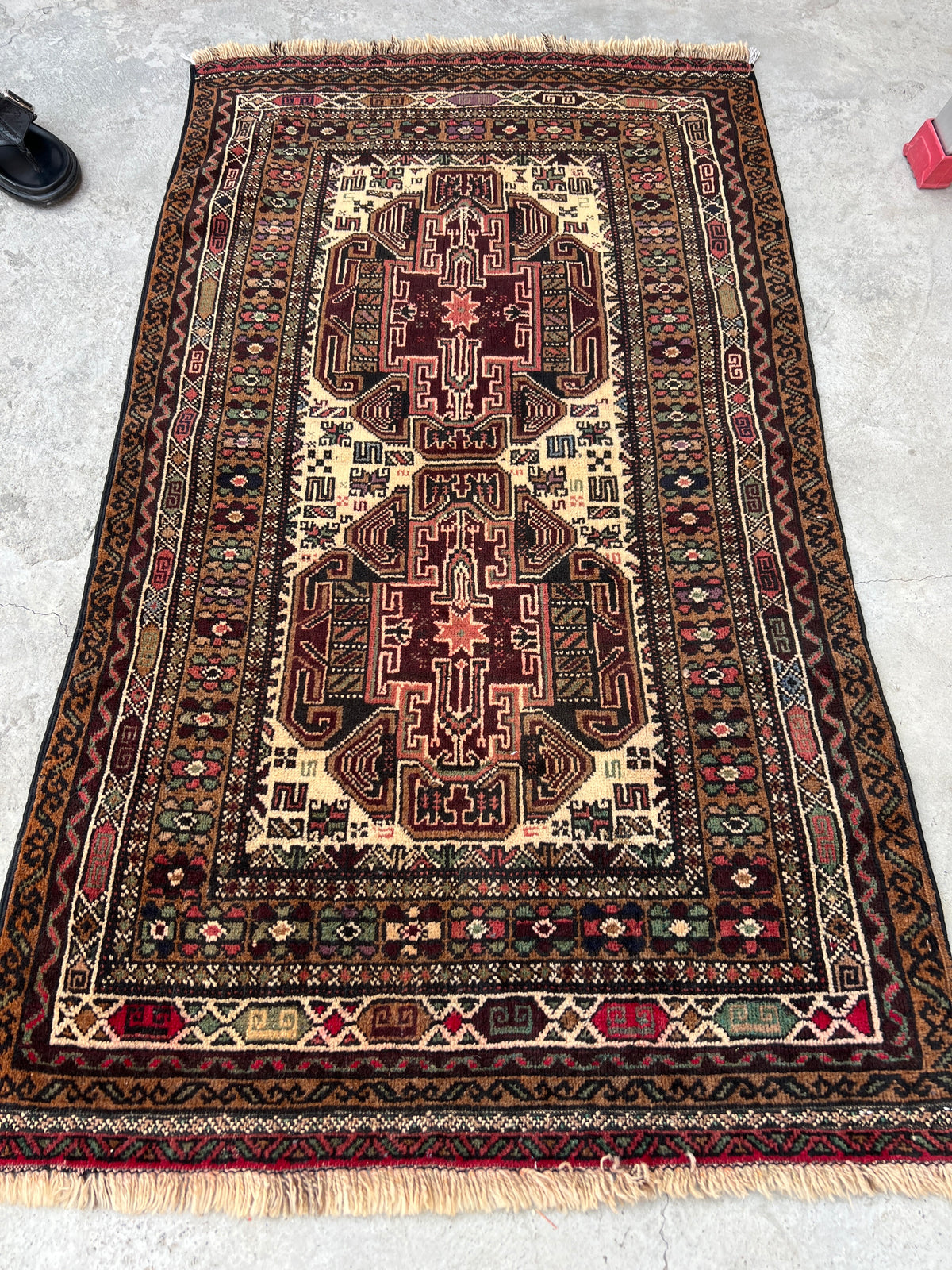 Baluch Rug 3x5 | Ivory, Brown & Rust | hand-knotted wool | full view, other end