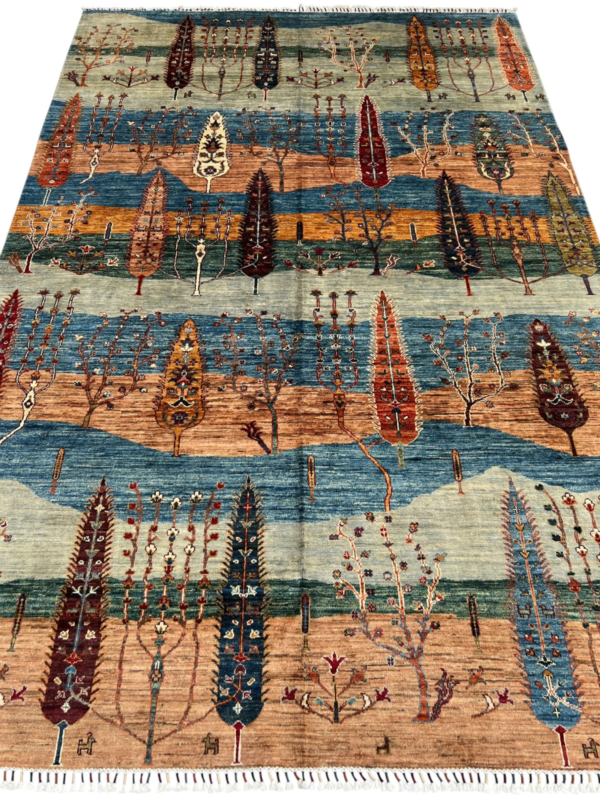 Gabbeh Rug 7x10 | Blue, Peach & Navy | hand-knotted wool | full view, other end