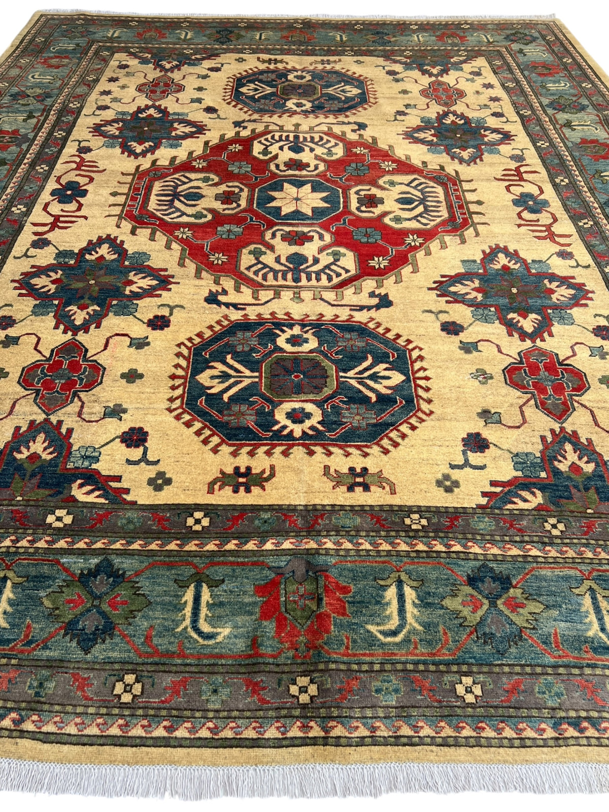 Kazak Rug 10x13 | Ivory, Red & Navy | hand-knotted wool | full view, other end