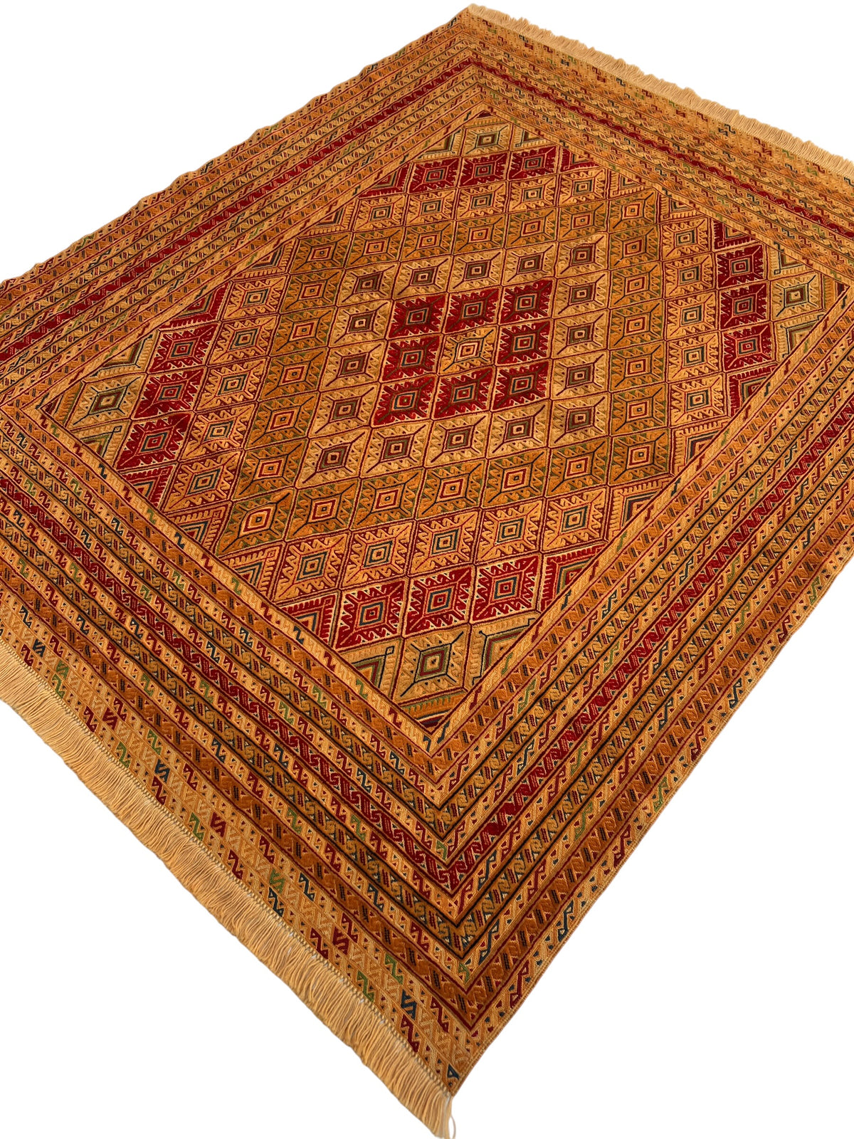 Baluch Rug 5x7 | Gold, Orange & Red | hand-knotted wool | angled view
