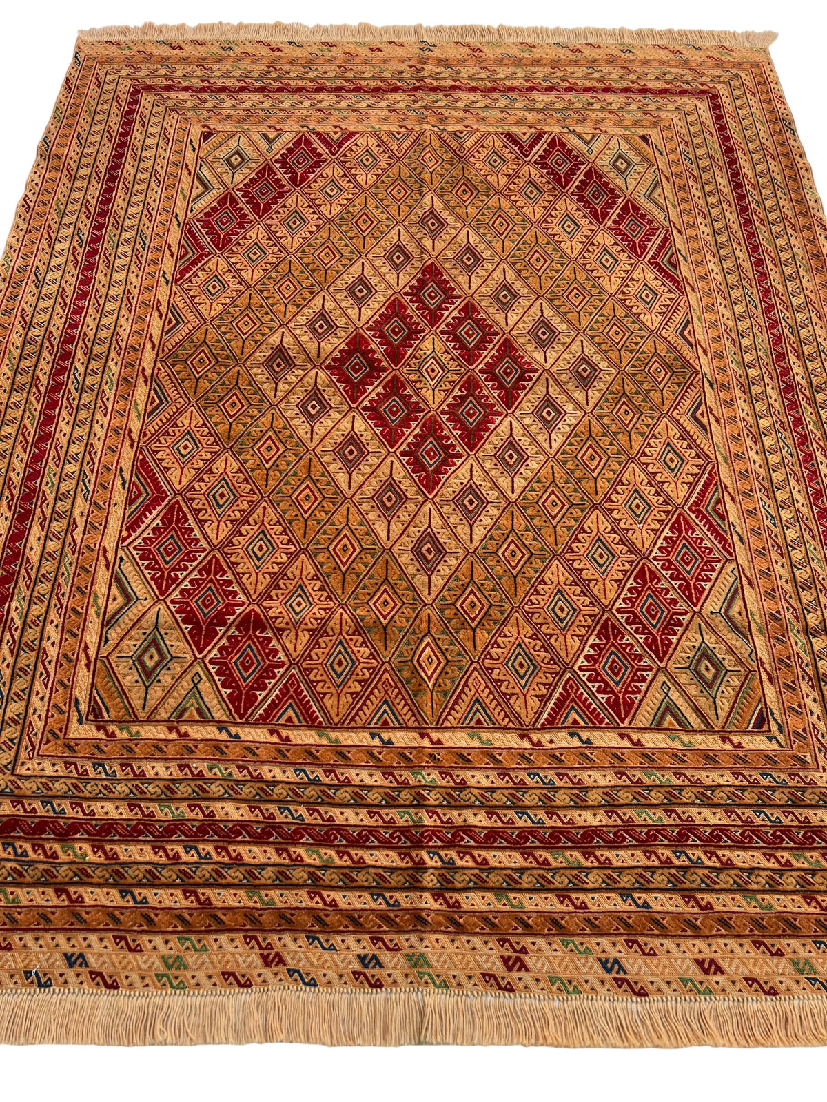 Baluch Rug 5x7 | Gold, Orange & Red | hand-knotted wool | full view, other end