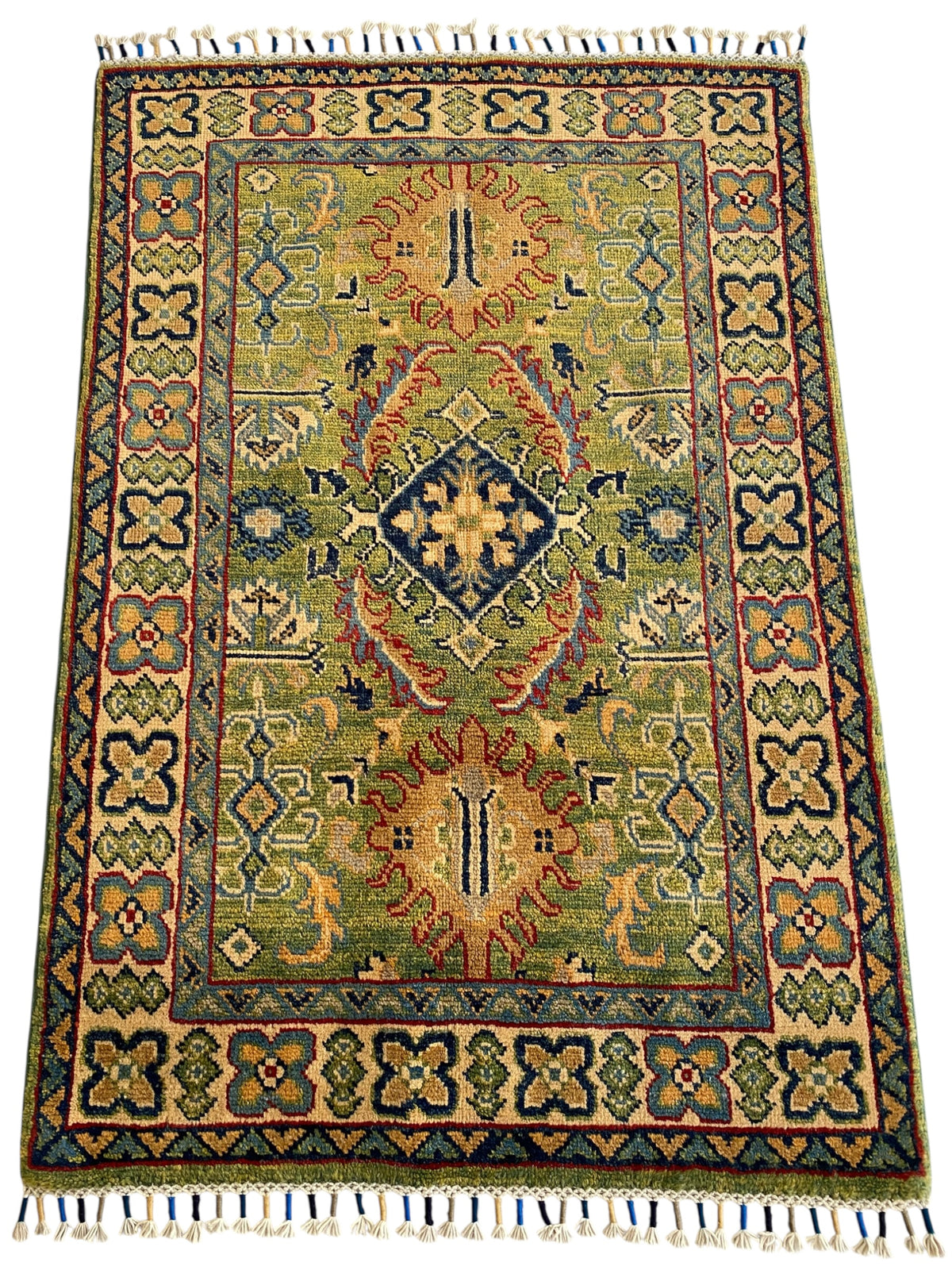 Kazak Rug 3x4 | Green, Rust & Navy | hand-knotted wool | full view, end