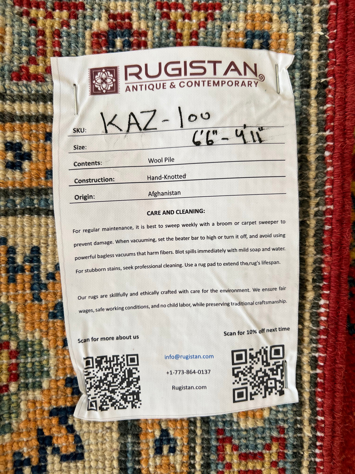 Kazak Rug 5x7 | Ivory, Red & Blue | hand-knotted wool | Rugistan® rug ID tag